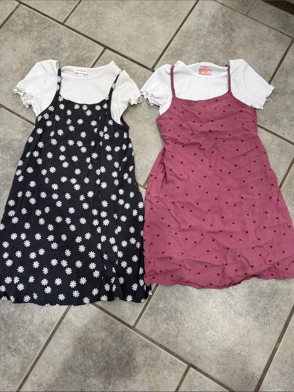 Cat & Jack Girls' Pink Heart Sundress with White Tee and Black/Gray Daisy Dress